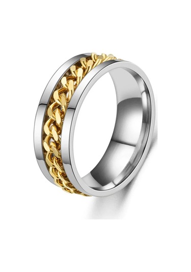 Ortası Dönebilen Zincirli Erkek Kadın Anti-stres Çelik Alyans Yüzük Cl43 Gold - Gümüş