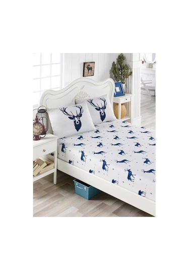 Eponj Home Pes Lastikli Çarşaf Seti Tek Kişilik Geyik Lacivert