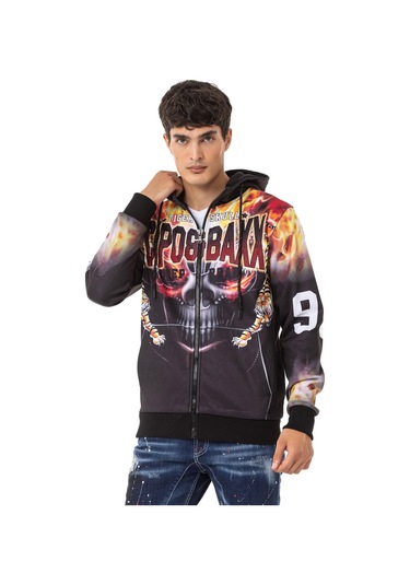 Cipo & Baxx Cl546 Kurukafa Ve Alev Baskılı Erkek Zip Sweatshirt 001