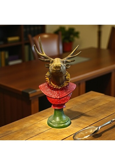 Dekoratif Polyester Tekli Geyik Başı Biblo Kırmızı Yeşil