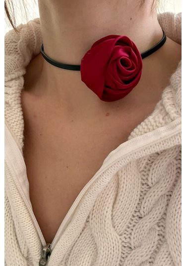 Trade Bazaar Bağcıklı Kumaş Gül Choker Kolye Gül Kolye Bordo