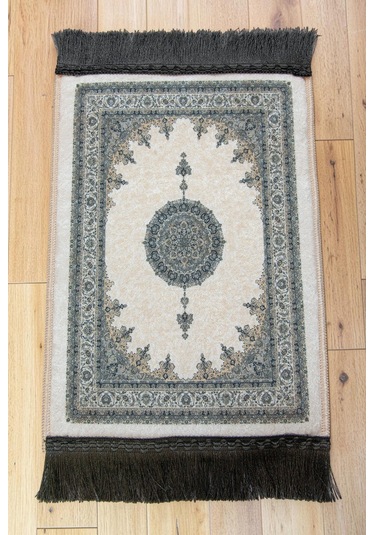 Mini Alın Seccadesi Kaymaz Taban Desenli Cep Tipi Seyahat Namaz Seccadesi - Krem / Gri