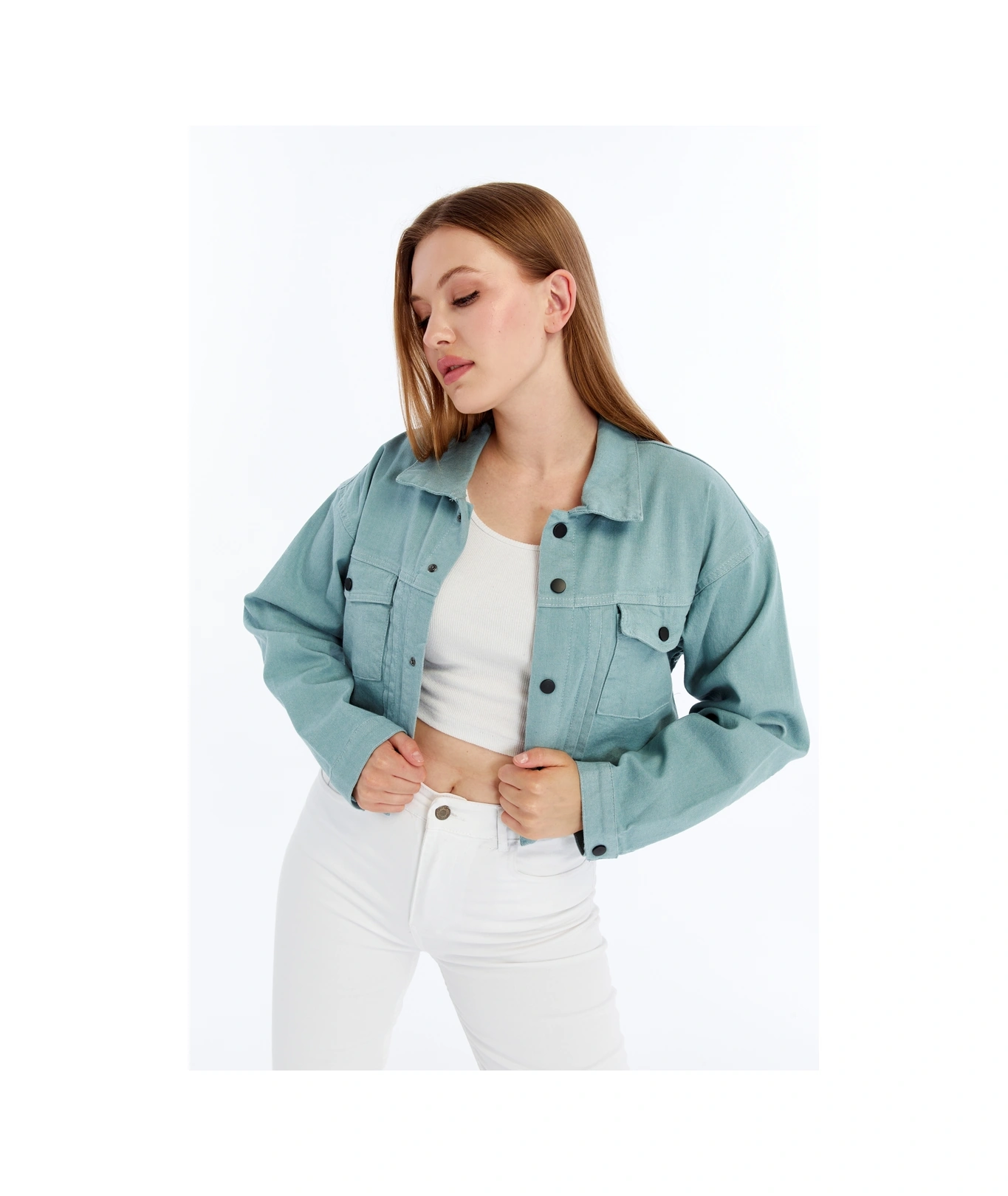 Kadın Bomber Gabardin Ceket Çıt Çıt Düğmeli Kolej Kot Ceket Cepli Renkli Kolay Kombinlenebilen Ceket Yeşil