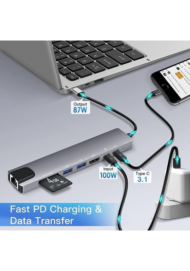 8-in-1 Type-c Çoklu Hub Adaptör Dönüştürücü Hdmı 4k, Usb 3.0, Sd/tf Kart Okuyucu, Pd Şarj, Rj45 Ethernet Laptop Ve Tablet Uyumlu