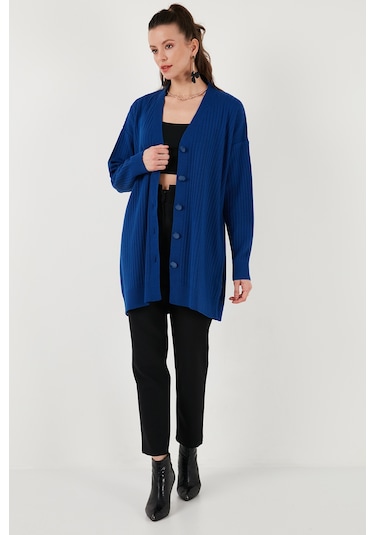 Lela V Yaka Düğmeli Uzun Triko Bayan Hırka 4616040Y Mürekkep