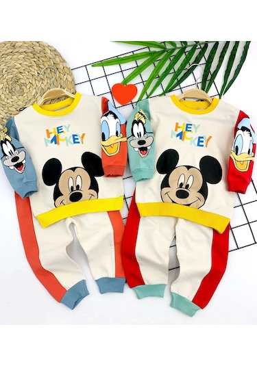 9-12-18-24 Ay Mickey Ve Arkadaşları Desenli Uzun Kollu Sweat 2li Kız Erkek Bebek Takımı Yeşil