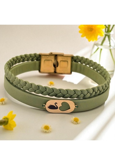 Archin Kuğu Temalı Zeytin Yeşili Derili Kalp Motifli 14 Ayar Altın Plakalı Hediye Bileklik-556sembol Kuğu
