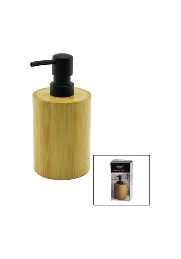 Yuvarlak Ahşap Bambu Sıvı Sabunluk Siyah Plastik Pompa Çap: 8cm - Y: 11cm Siyah
