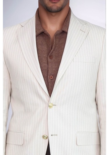 Ekru Çizgili Keten Dokulu Gold Renk Metal Düğmeli Slim Fit Erkek Blazer Ceket Wessi Cream