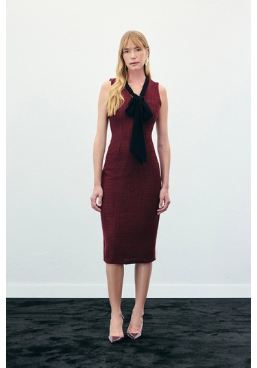 Fularlı Kolsuz Tüvit Elbise - Bordo-136339 Bordo
