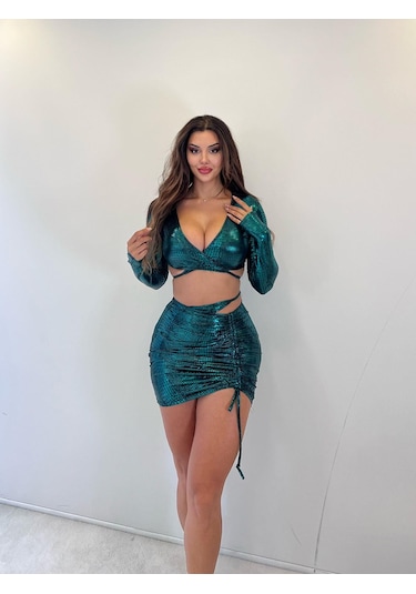 Yeşil Parlak Lame Kumaş Etekli İkili Takım Gold