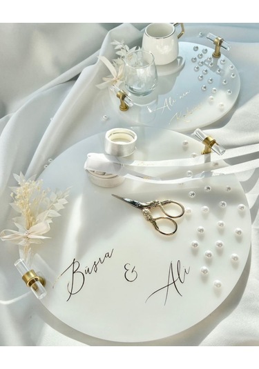 İnci Detaylı Gold Nişan Tepsisi Ve Damat Kahvesi Seti