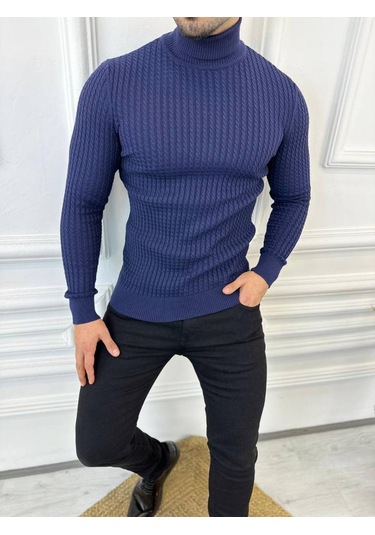 Kazak Slim Fit Tüylenmez Naturel Pamuk Triko Boğazlı Balıkçı Yaka Kazak Lacivert