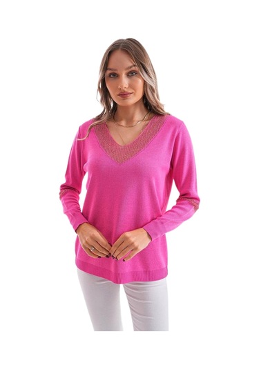 Kadın V Yaka Simli Kol Detaylı Kazak 12787 Bgl-st04108 Fuşya