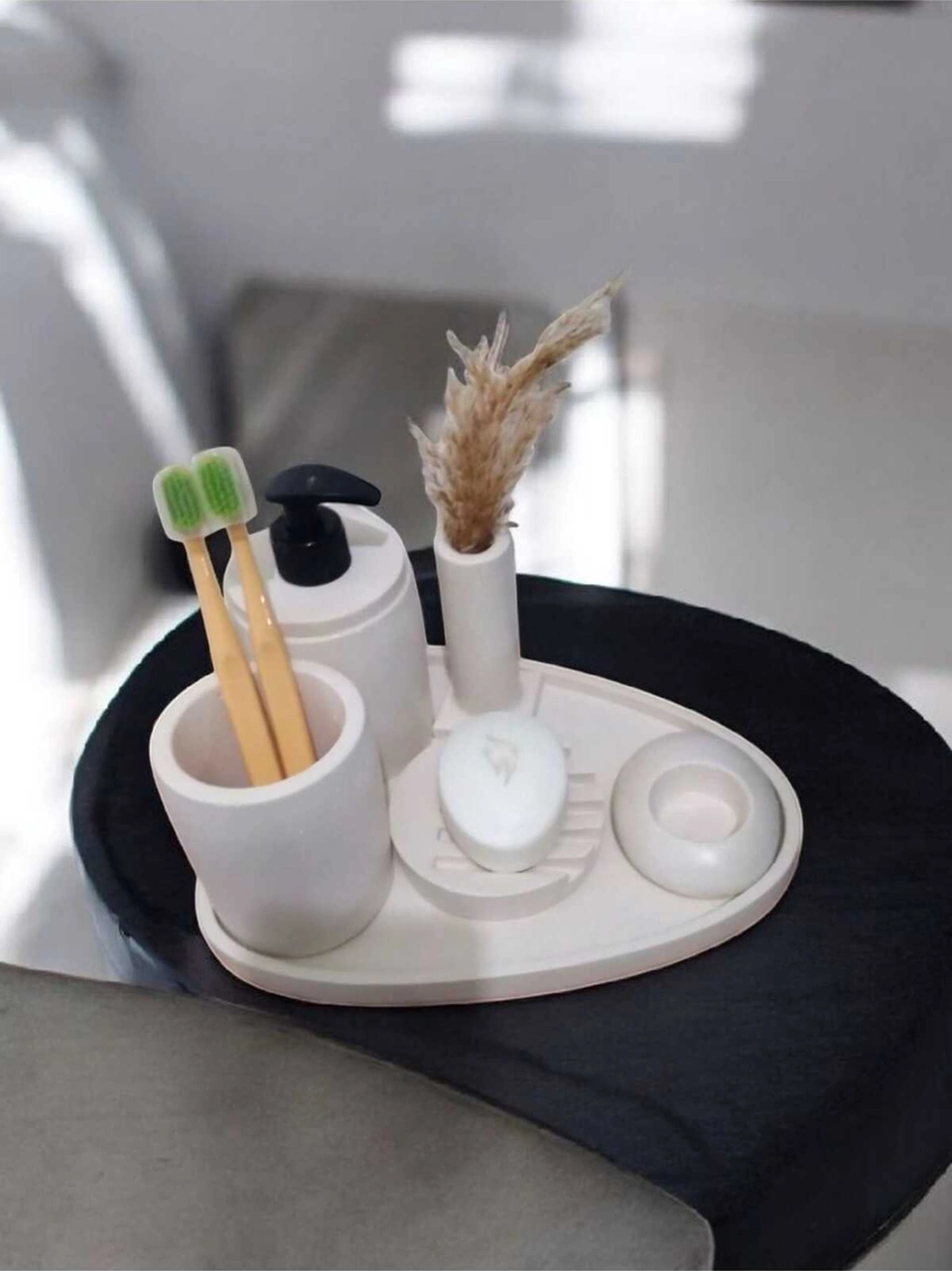 6'lı Kırık Beyaz Beton Banyo Seti Sıvı Sabunluk Diş Fırçalığı ,tepsili,mumluklu Aksesuar Takım Beyaz