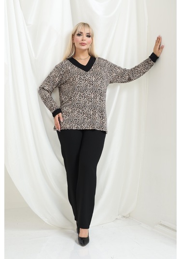 Bambu Viskon V Yaka Uzun Kollu Bluz Rahat Kalıp, Büyük Beden Xl 6xl Çıtır Leopar