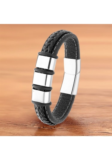 Brezza Lusso Jewelry Hakiki Örgü Derili Çelik Erkek Bileklik Siyah