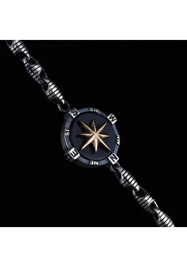 Fkgümüş 925 Ayar Gümüş Oniks Taşlı Pusula Erkek Bilekik Gümüş