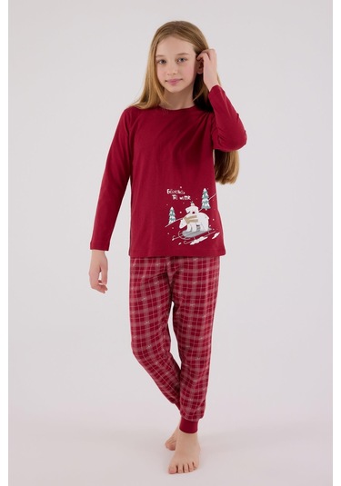 Arnetta Garson Kız Çocuk Aile %100 Pamuklu 4 Mevsim Ekoseli Uzun Kollu Pijama Takım Bordo