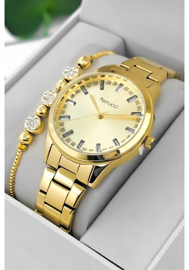 Ferrucci Taş Detaylı Kadran, Çelik Kordon Çelik Kasa Kadın Kol Saati, Gold Zmfer199 Çok Renkli