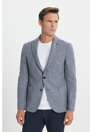 Ac&Co / Altınyıldız Classics Erkek Lacı Slim Fit Dar Kesim Mono Yaka Desenli Torba Cepli Ceket Lacı Lacivert