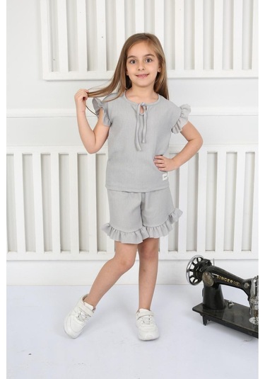 Fırfır Detaylı Şortlu Yazlık Kız Çocuk Takım Gri