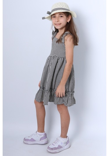 Kız Çocuk Şapkalı Elbise Kareli Fiyonklu B33 Siyah