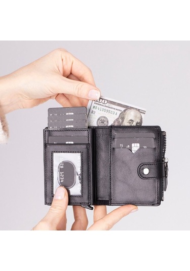 Rodos Hakiki Deri, El Yapımı, Pop-up Kartlık Cüzdan, Parlak Siyah