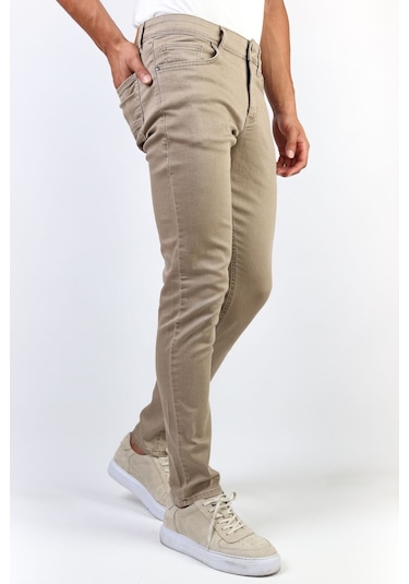 Erkek Bej Slim Fit Esnek Likralı Jean Kot Pantolon Bej