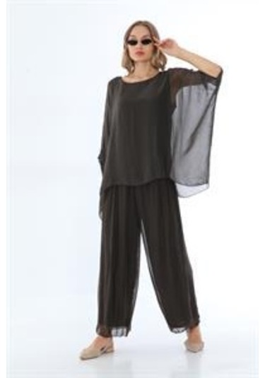 İtalyan Yarasa Kol İpek Bluz-8869 Kahverengi