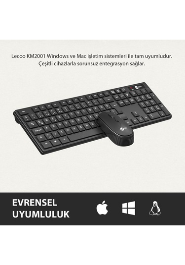 Lecoo Km2001 Klavye & Mouse Kablosuz Set Siyah Optik