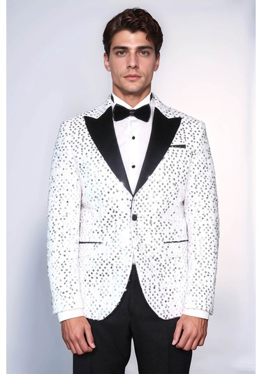 Pul Desenli Beyaz Damatlık Ceket - Wessi White