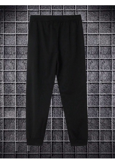 Eşofman Altı Jogger - Siyah Baskılı Lastik Paça Yüksel Bel Siyah