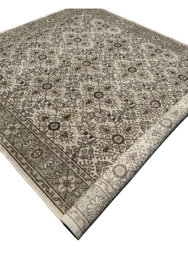 El Dokuma Vintage Isparta Halısı 202x335 Krem Kahve Eskitme Halı Kahverengi - Krem