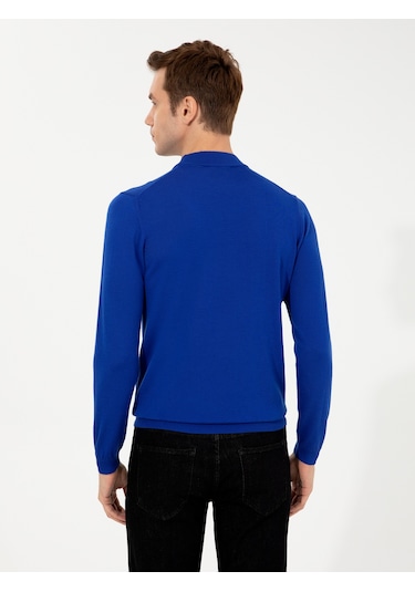 Cacharel Sax Slim Fit Çeyrek Balıkçı Yaka Basic Triko Kazak Mavi