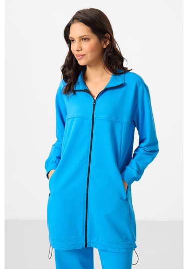 Mavi Dik Yaka Fermuarlı Pamuklu Kadın Eşofman Tunik Takım - 95346 Mavi