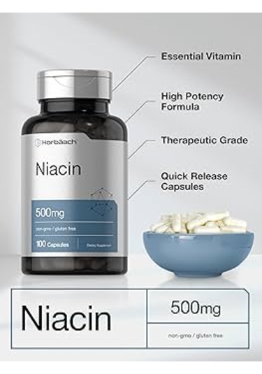 Horbäach Niacin With Flushing Vitamin B3 500mg 100 Caps Aromasız