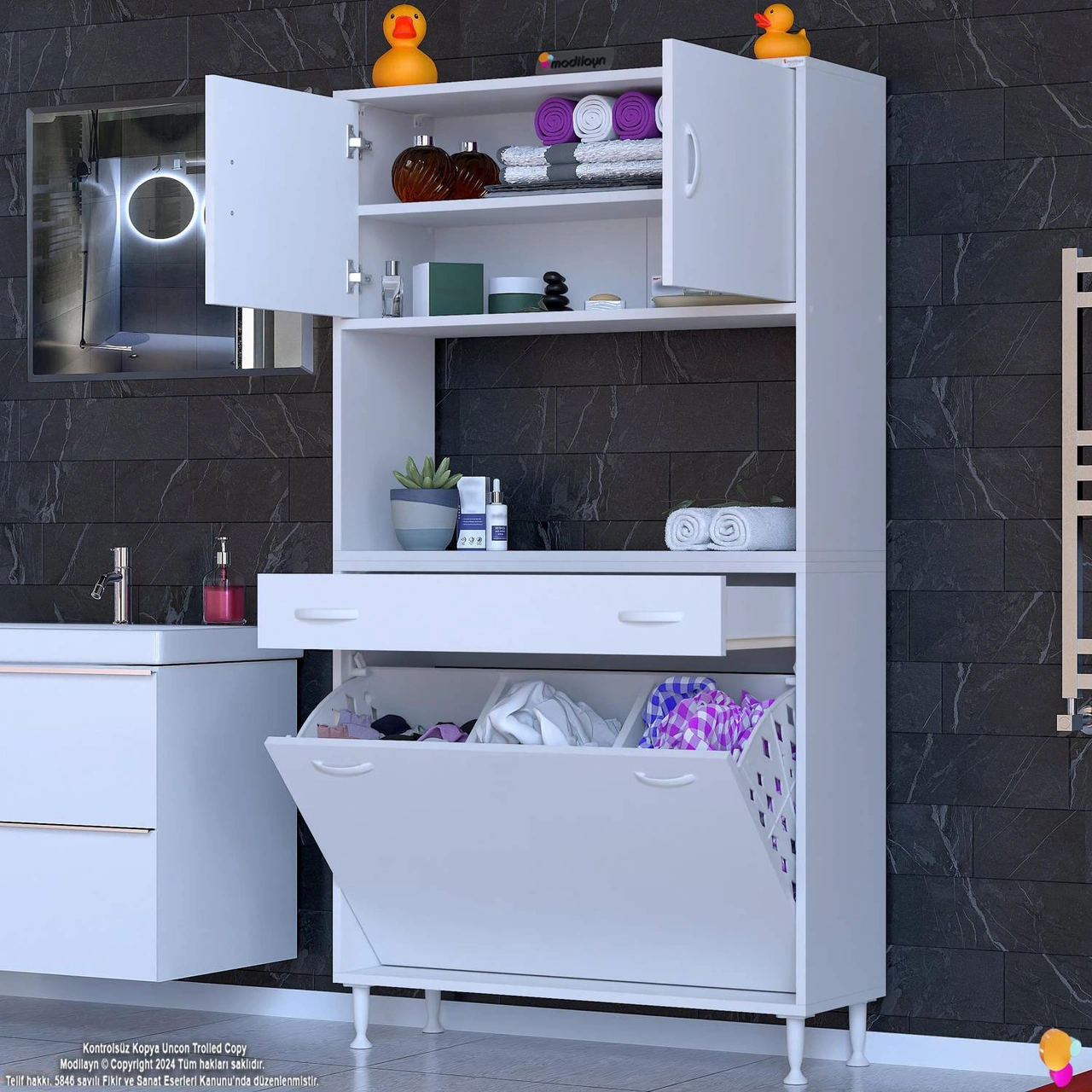 Azra Tek Çekmece 3 Göz Sepetli Ve 3 Raf Banyo Ve Mutfak Dolabı Çok Amaçlı Dolap 95x173x32,5 Cm Beyaz