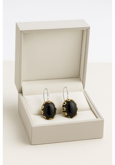 Lale Serisi El İşi Siyah Oniks Taşlı Gümüş Kadın Küpe Gümüş