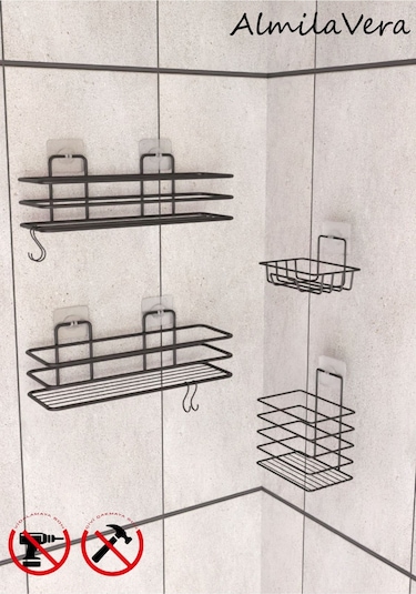 Siyah Paslanmaz Yapışkanlı Metal Banyo Rafı Düzenleyici 4'lü Set Kancalı Duş Rafı Sabunluk Rafı Siyah