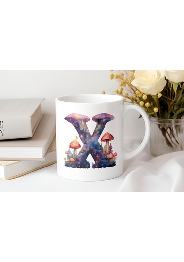 X Baş Harfi Fantastik Mantarlı Kupa Bardak - Kişiye Özel Masalsı Bardak - Hediye Beyaz