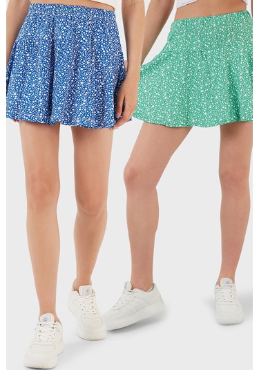 Lela Desenli Beli Lastikli Slim Fit Mini 2'Li Paket Bayan Şort Etek 5864024S2 Benetton-Saks