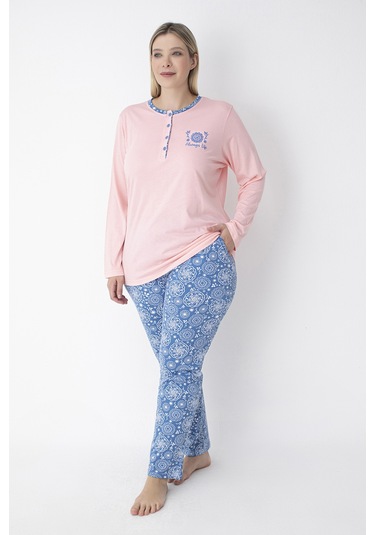 Pembe Pembe/mavi Desenli Büyük Beden Pijama Takımı Pembe