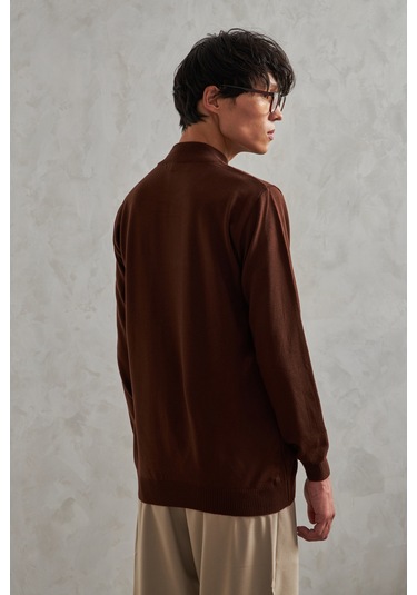 Erkek Yarım Balıkçı Oversize Basıc Triko Kazak Kahverengi