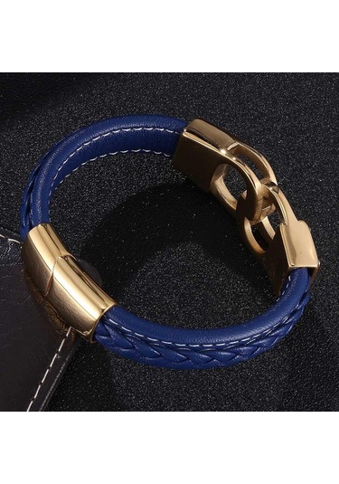 Punk Erkek Mavi Deri Bileklik Paslanmaz Çelik Charm Kelepçe Altın Rengi Moda Takı Bileklik Bb0743 Mavi