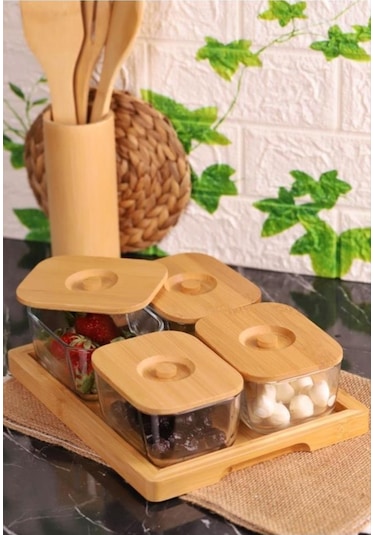 Bambum Krosna Plus Bambu Kapaklı Tepsili Cam Kahvaltı Seti 9 Parça Ahşap - Şeffaf