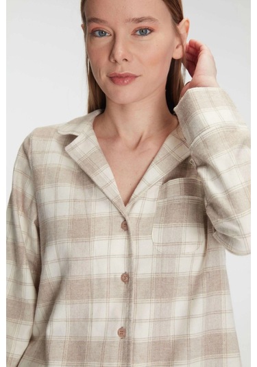 Pamuklu Uzun Kol Gömlek Pantolon Pijama Takımı Ten