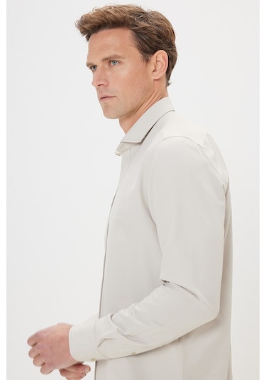 AC&Co / Altınyıldız Classics ERKEK BEJ Kolay Ütülenebilir Slim Fit Dar Kesim İtalyan Yaka Armürlü Gömlek Bej