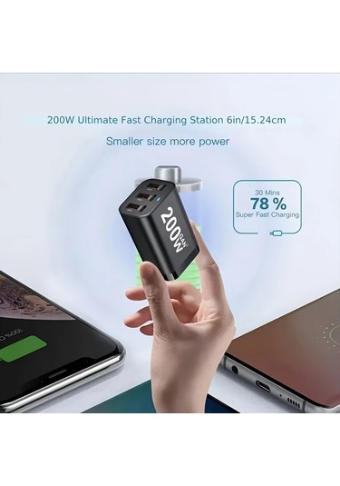 Topshop1 Siyah Yms-618 200w Gan Iıı 6 Portlu Usb C Şarj Aleti Qc3 1 Pd 100w Dizüstü Şarj Adaptörü Macbook İphone Uyumlu Galaxy Uyumlu S24 S23 S22 İçin