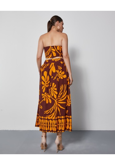 Kadın Straplez Desenli Takım Bağlamalı Büstiyer Ve Bol Kesim Pantolon Etek Kahve